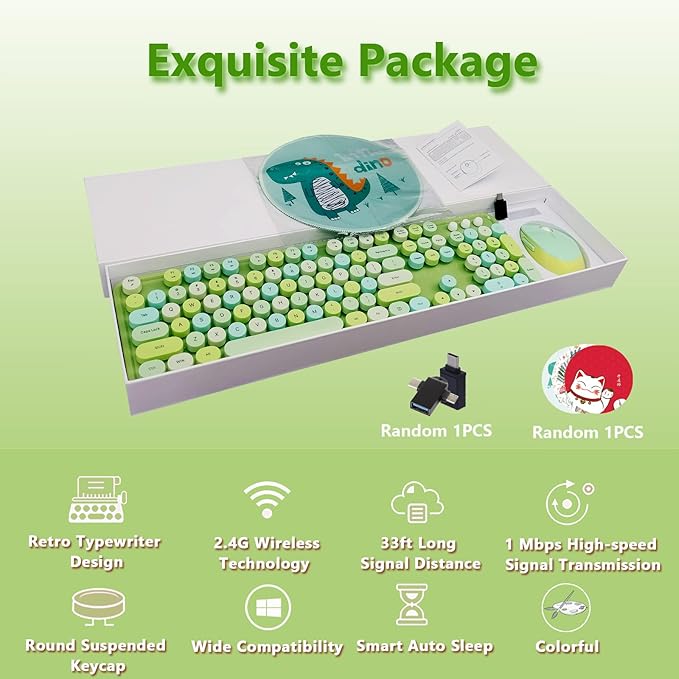 Wireless Keyboard and Mouse Combo, Ergonomic Cute Retro Typewriter Full Size Colorful USB Cordless Keyboard Mouse Set for Gaming and Office (Green)