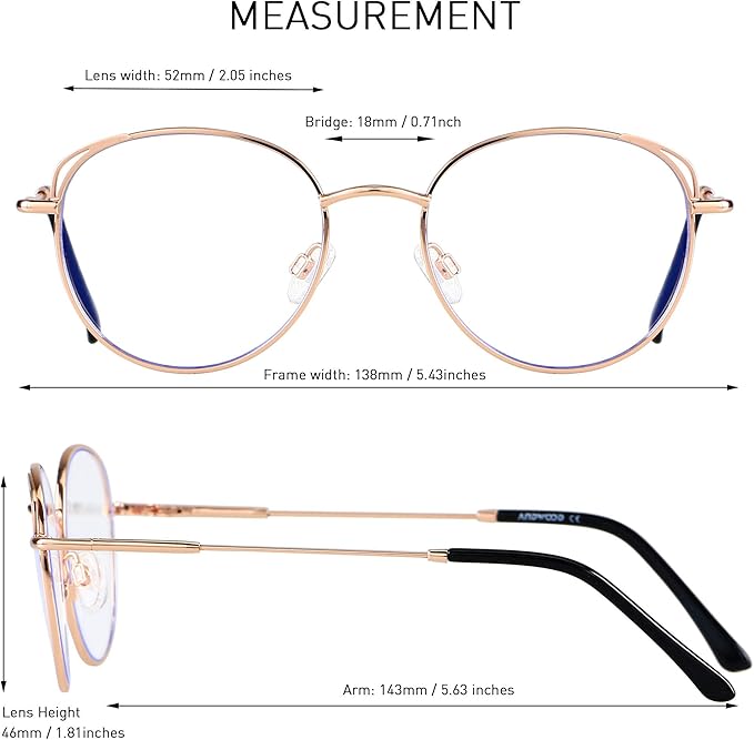 ANDWOOD Blue Light Blocking Glasses Women Cat Eye Computer Eyeglasses Metal Frame Hipster 2 Pack