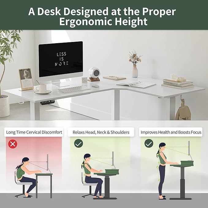 FEZIBO Triple Motor L-Shaped Electric Standing Desk, 63 Inches Height Adjustable Stand up Corner Desk, Sit Stand Workstation with Splice Board, White Frame/White Top