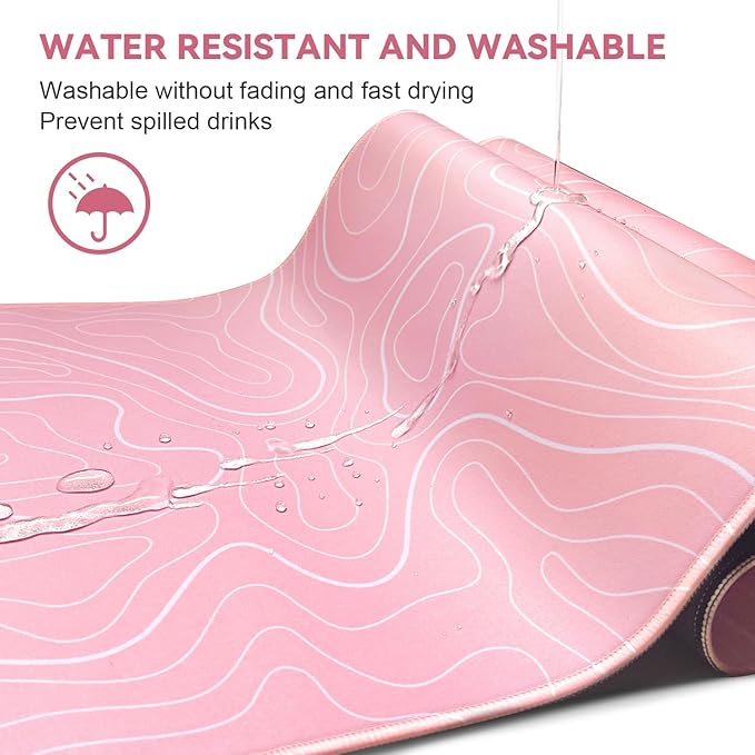 Gaming Mouse Pad 31.5 x 11.8in Large Mouse Pad with Anti-Slip Rubber Base（Pink with White Topographic Line）