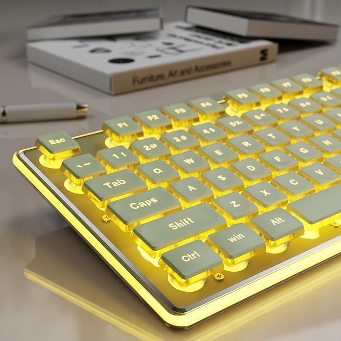 EWEADN GX710S Backlit Computer Keyboards, Wired USB Keyboard with Warm Backlit, Metal Panel, Plug and Play, Pudding Keycaps Full Size Quite Computer Keyboard for Win/PC/Laptop-Green