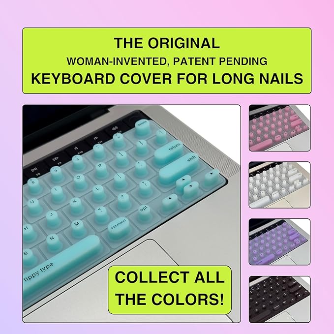 TIPPY TYPE Raised Keyboard Cover for Long Nails - Fits MacBook Pro & Air, iPad 13", & Magic Keyboard (No Numpad) -Silicone -The Original -Comfortable Typing, Quiet, Nail Protection (Aquamarine)