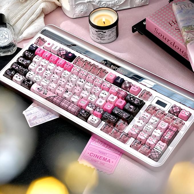 26 Keys Crystal Jelly Personalized Keycaps, PC Material Cute Black Pink Cat Transparent Custom Keycaps, Mao Profile Keycap for DIY MX Swithes Mechanical Keyboards