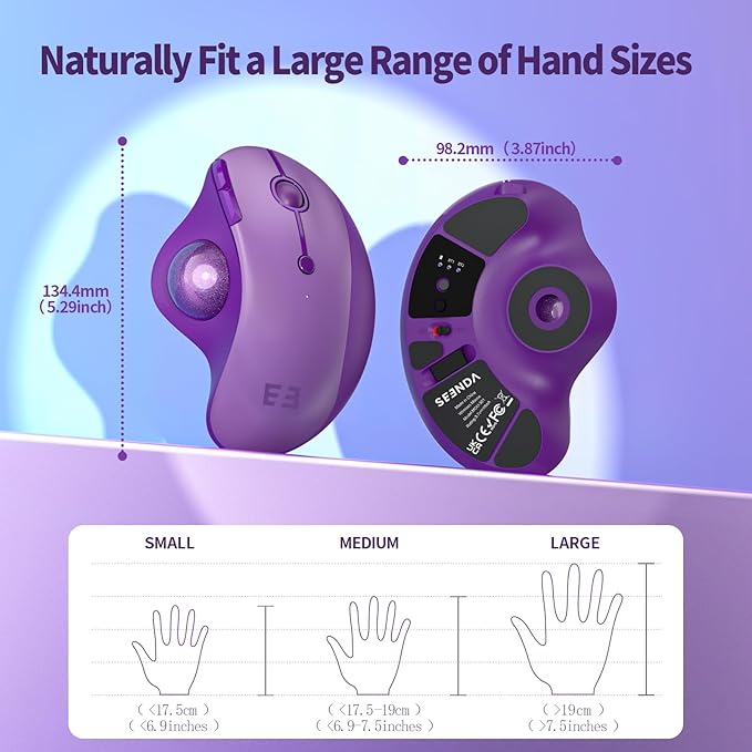 seenda Wireless Trackball Mouse, Bluetooth - Ergonomic Rollerball Mouse Rechargeable, 3 Device Connection Optical Mice Adjustable DPI Thumb Control Mice Compatible for Mac/Android/Windows - Purple