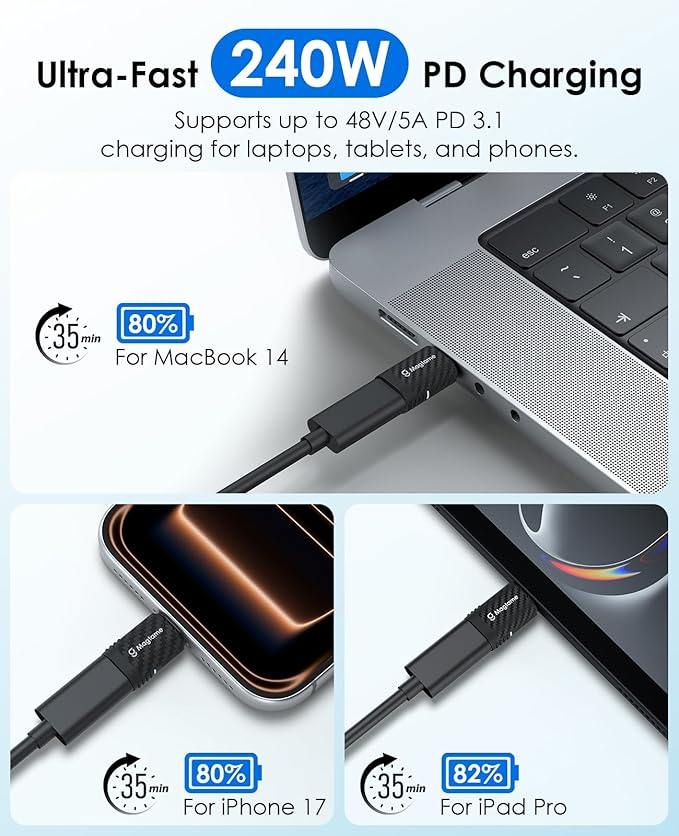 Magtame Carbon Fiber Plastic USB C to USB C Magnetic Adapter 24Pin 240W (1Pack with 2 Tips), Straight Type-C Extender, 40Gbps Fast Charge and 4K Video, Protect Port for Laptop, iPhone 17/16, USB3/4