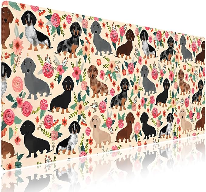 XXL Gaming Mouse Pad with Stitched Edges for PC Home & Office - Colorful Floral Dachshund Dogs Cute Puppies Pink Flowers Seamless Design, Smooth Fabric Surface Anti-Slip Base Large Desk Mat