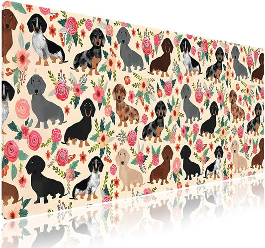 XXL Gaming Mouse Pad with Stitched Edges for PC Home & Office - Colorful Floral Dachshund Dogs Cute Puppies Pink Flowers Seamless Design, Smooth Fabric Surface Anti-Slip Base Large Desk Mat