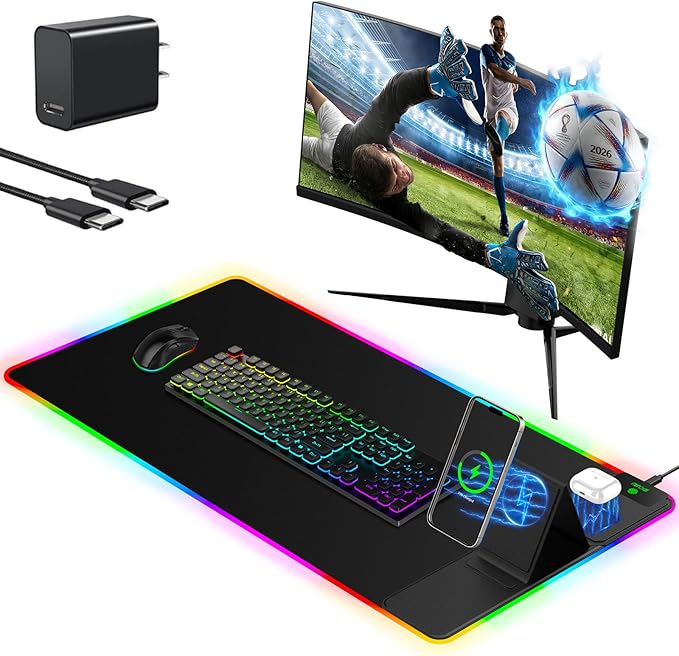 Mouse Pad with Foldable Phone Holder & Wireless Charger, XXL RGB Gaming Mousepad 31.5"x15.8" Large Desk Mat for Keyboard, Black Desk Pad with Dual Qi Charging Station | 11 Colors 5 Modes | Waterproof