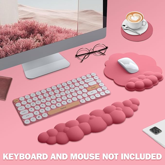 Cloud Keyboard Wrist Rest and Mouse Pad with Wrist Support Set, Ergonomic PU Leather Mouse Pads, Pain Relief Memory Foam Non-Slip for Computer,Laptop, Morandi Red
