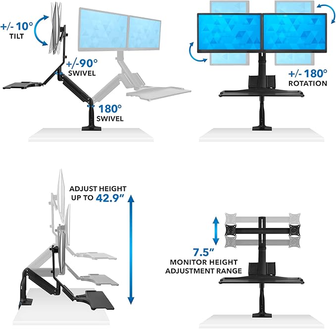 Mount-It! Dual Monitor Arm Desk Mount Sit-Stand Workstation with 2 USB 3.0 Ports, Height Adjustable 23.1–42.9”, Fits Two 17–27” Screens, 13.2 lbs Each, VESA 75x75 100x100, Clamp or Grommet