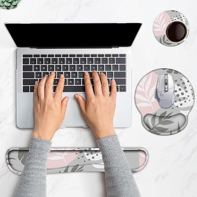 Keyboard Wrist Rest, Ergonomic Mouse Pad Wrist Support, Memory Foam Wrist Rest, Anti-Slip Base, Mousepad with Coaster for Computer Keyboard Office Home, Tropical Leaves