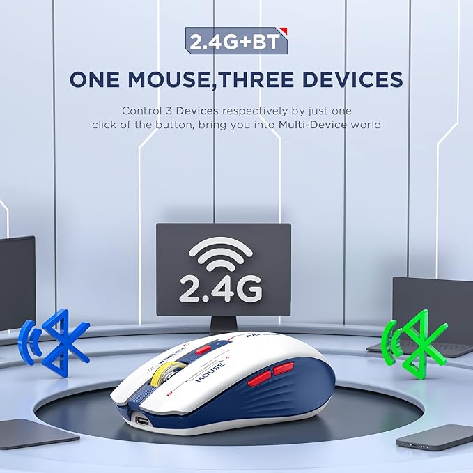 RAPIQUE Bluetooth Wireless Mouse - (BT1/BT2+USB) Tri-Mode High Performance, Rechargeable, Multi-Device Compatible with PC/Laptop/Computer/MacBook/iPad Air Pro (Blue and White)