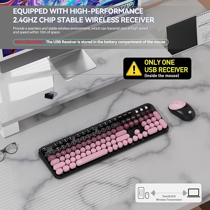Wireless Keyboards and Mouse Combos, Colorful Cute Typewriter Full-Size Retro Creamy Keyboard, 2.4GHz Sleep Mode Office Quiet Wireless Keyboard and Mouse Set for Desktop Laptop PC Computer-BlackBerry