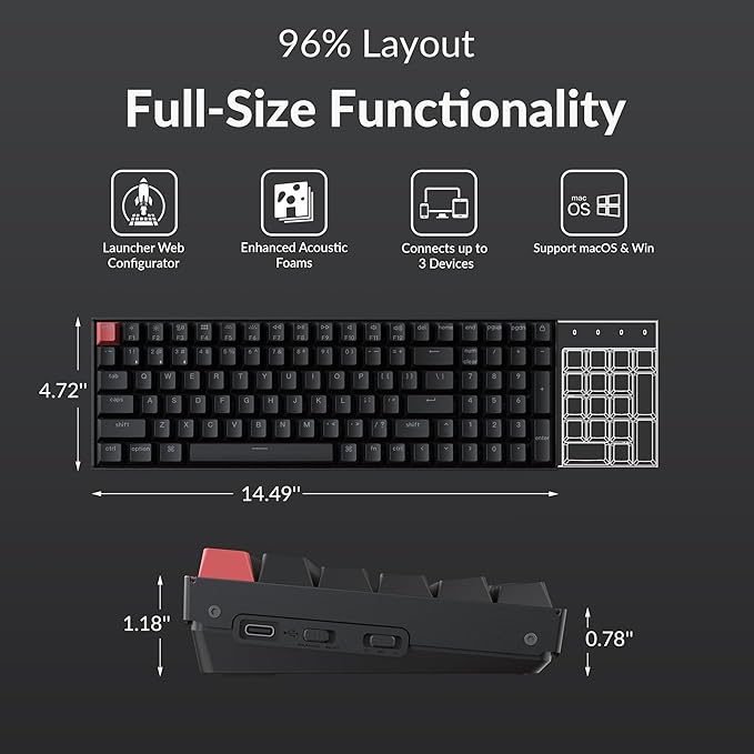 Keychron K4 96% Layout QMK Wireless and Wired Options Mechanical Keyboard, White Backlight Brown Switch, Hot-swappable, Paired with Shine-Through Double-Shot PBT Keycaps for Mac Windows - Version 3