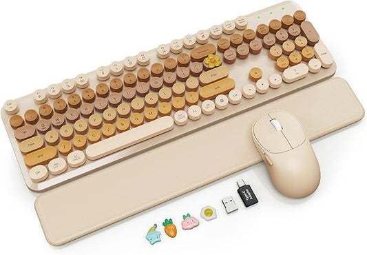 Wireless Keyboard and Mouse Combo, Magnetic Soft-Touch Wrist Rest, Round Keycaps, Full-Size Retro Typewriter Keyboard, 2-Stage Tilt Legs, Auto Sleep, 2.4GHz Cordless for Windows PC, Beige-Brown Ombre