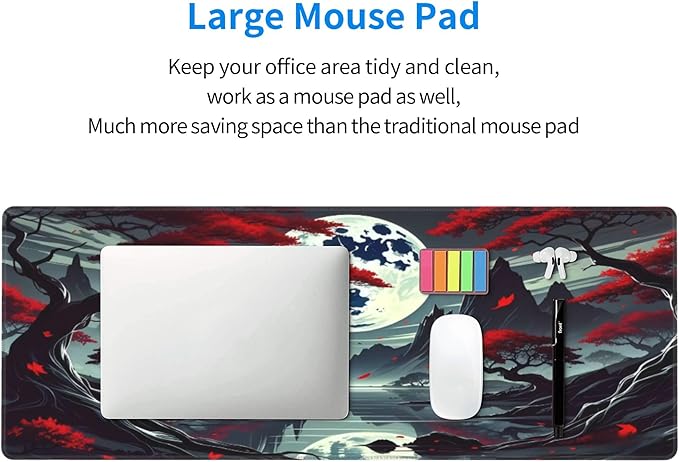 Japanese Dark Red Moon Desk Mat Large Gaming Mouse Pad Dark Red Moon Extended Mousepad Big in Laptop Computer Mouse Keyboard Mat for Office Desk Decor 31.5x12 in