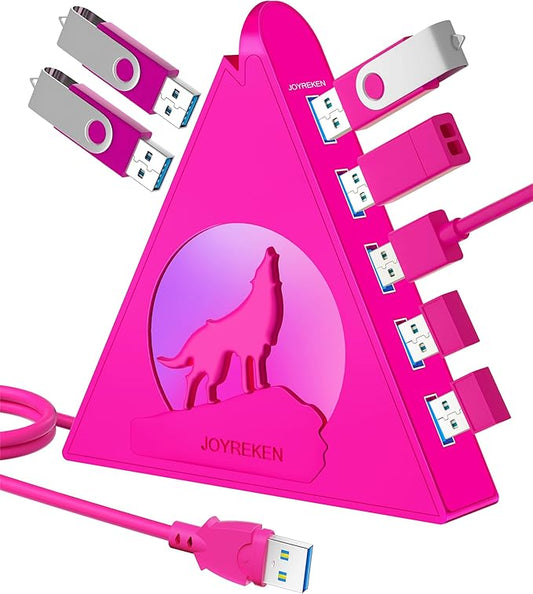 7-Port USB 3.0 Hub, JoyReken RGB USB Hub with RGB Night Light and 2ft Cable, USB Hub 3.0 Pink USB Expander for Laptop, PC, Flash Drive, HDD, Console, Printer, Keyboard, Mouse (Hot Pink)