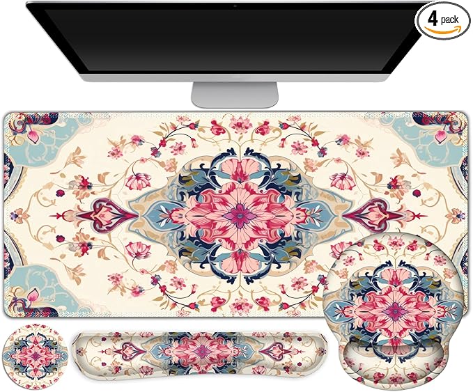Gaming Mouse Pad, Large Desk Mat, Cute Desk Pad Protector, 4in1 XXL Mousepad + Keyboard Wrist Rest+Mouse Wrist Rest+Coaster Set with Ergonomic Desk Pad for Home Office Computer, Retro Style Pattern