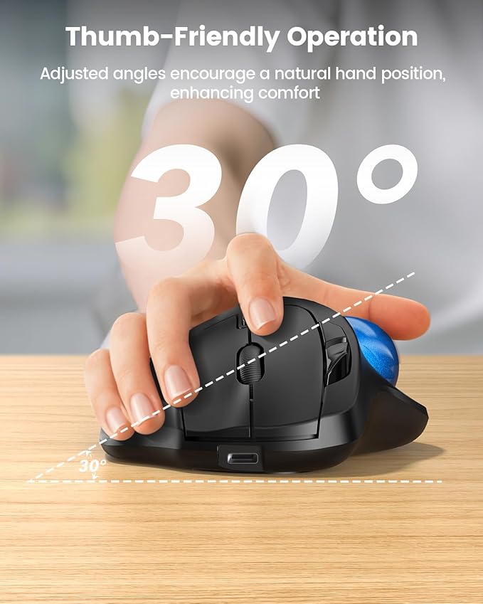 SABLUTE MAM2 Wireless Trackball Mouse with 5-Level DPI, Ergonomic Mouse Wireless 2.4G Plug-and-Play for 3 Devices (Bluetooth or USB Receiver), 500mAh Battery, Compatible with PC/Laptop/Mac-Blue Ball