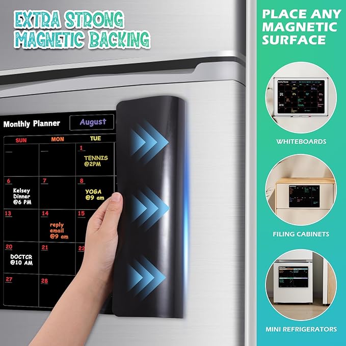 Fridge Black Whiteboard Calendar Set(3-Pack),1 Pcs Magnetic Chore Chart and 1 Pcs Refrigerator Weekly Planner,1 Pcs List and 6 Markers,Reward Chore Chart for Kids Multiple Kids Teens Adults Family