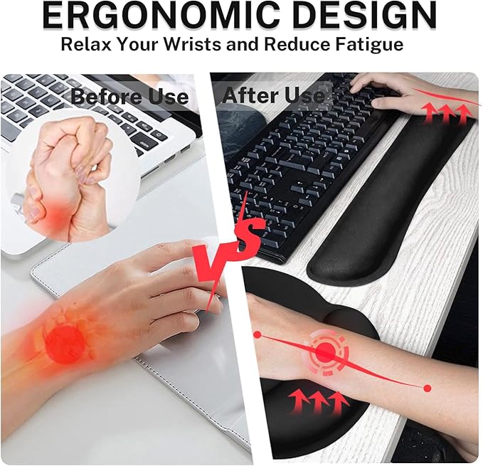 Britimes Black Keyboard Mouse Pad Set Black 4 in1 Large Mousepad+Keyboard Wrist Rest+Mouse Wrist Rest+Coaster Ergonomic Design for Home Office Computer 35.4x15.7Inches
