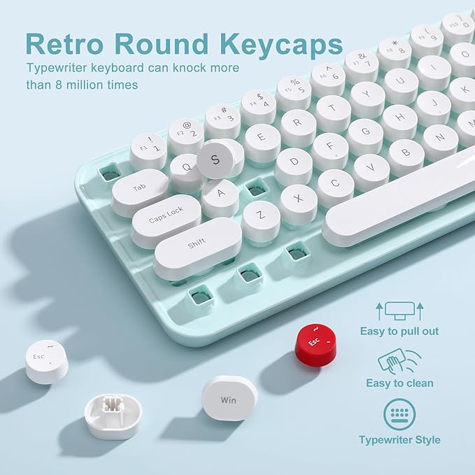 i68 Wireless Typewriter Keyboard and Mouse Combo,2.4GHz Cordless Connection, Cute Retro Aesthetic Design Round Keycaps for Tablet, Phone, PC and Win/Mac/Android(Green)