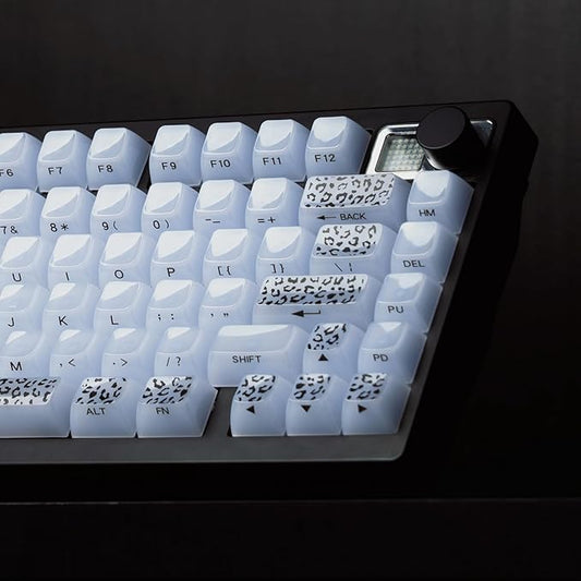 Womier Keyboard Keycaps Jelly, White Ceramic Keycaps Style, Leopard Print Key Cap,Transparent Side Printed Custom 60 65 75 100 Percent for Cherry MX,Gateron Mechanical Keyboards,MDA Profile