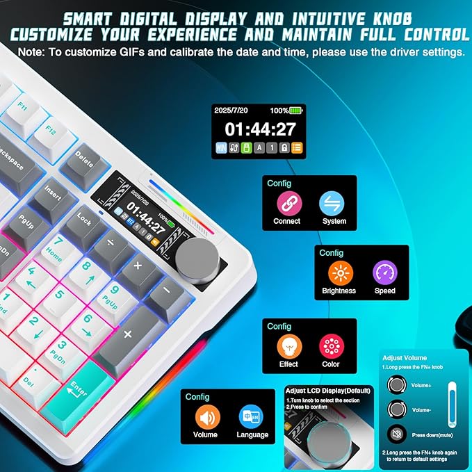 LINGBAO K98 PRO 96% Mechanical Keyboard Wireless, with Screen & Knob, Creamy Gaming Keyboard, Tri-Mode BT5.0/2.4GHz/USB-C, Gasket Mount Hot-Swappable Linear Switches RGB Backlit Gamer Keyboards for PC