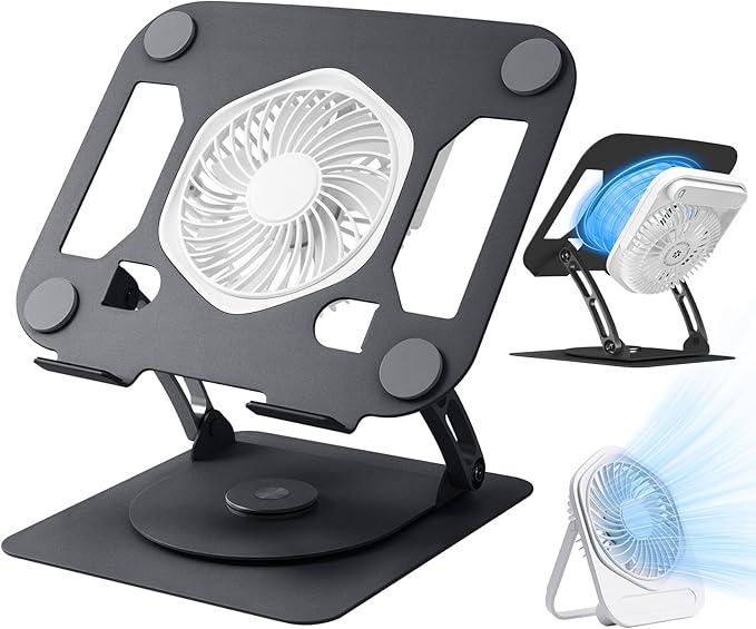 SHUWEI Laptop Cooling Stand with Detachable Desk Fan, Adjustable Height & Angle, 360 Rotating Base, Carbon Steel Framework, Ultra-Quiet & Super Sturdy for up to 16”Laptop-Black