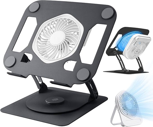 SHUWEI Laptop Cooling Stand with Detachable Desk Fan, Adjustable Height & Angle, 360 Rotating Base, Carbon Steel Framework, Ultra-Quiet & Super Sturdy for up to 16”Laptop-Black