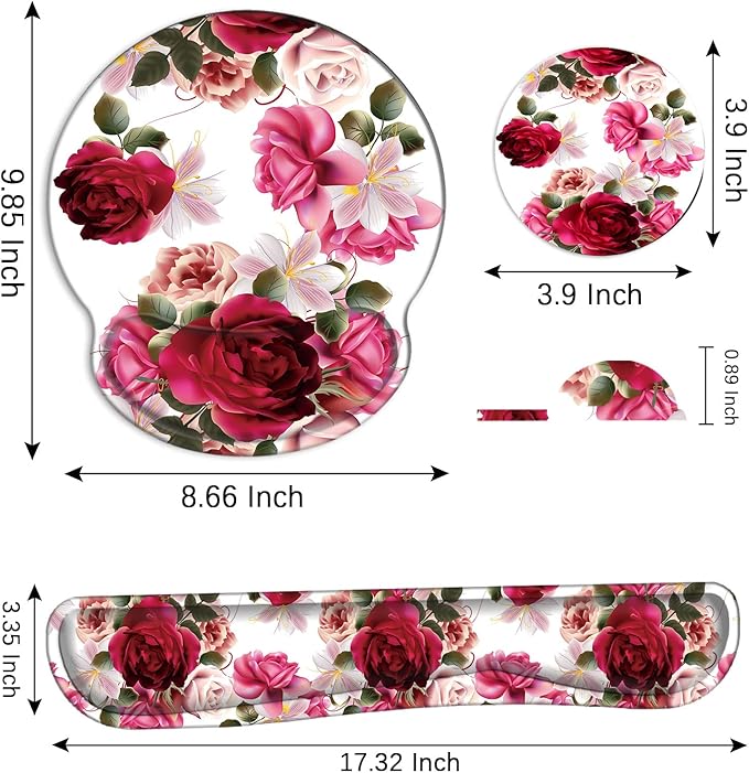 Mouse Pad Wrist Support and Keyboard Wrist Rest with Coaster,Non-Slip Rubber Base Ergonomic Gaming Mousepad for Home Office Working Studying Easy Typing & Pain Relief,Roses and Hyacinth Flowers