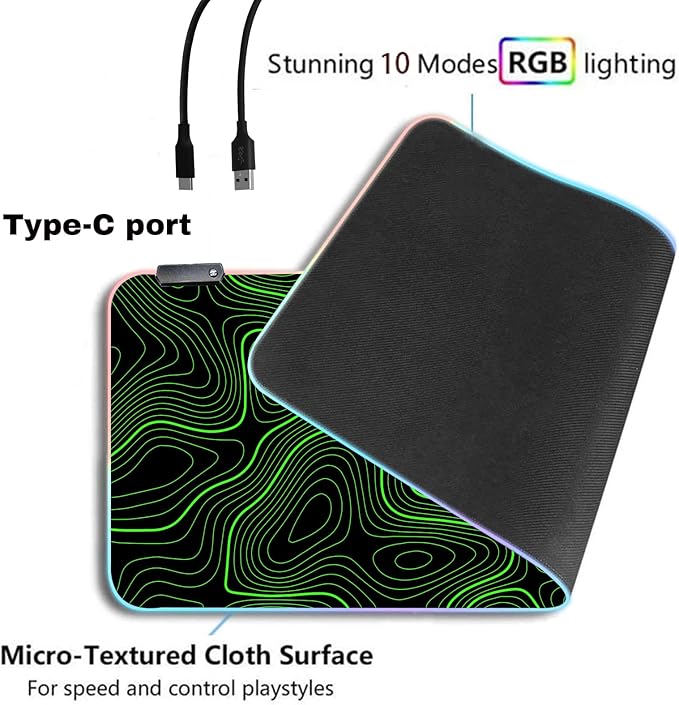 RGB Mouse Pad LED Desk Mat Large Gaming Mousepad Black and Green Line Design, Keyboard Pad XL Mouse Mat for Home and Office
