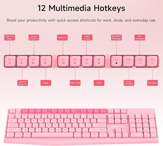 Wireless Keyboard and Mouse Combo, memzuoix 2.4G Full-Size Ergonomic Keyboard Mouse Set, Lag-Free Cordless One USB Receiver for PC, Laptop, Windows, Mac (Pink Keyboard + Pink Mouse)