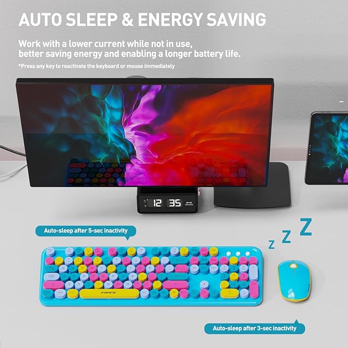 Cute Retro Wireless Keyboard and Mouse Combo, Colorful Typewriter Keyboard with Round Keycaps, 2.4GHz Multi-Color Hybrid Bubble Keyboard for Women, Funky Blue Computer Keyboard for PC Laptop Office