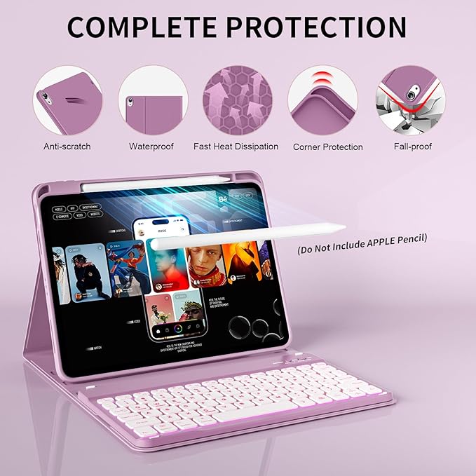 for iPad (A16) 11th Generation 2025 11-inch/10th Generation 2022 10.9 inch with Keyboard, 7 Colors Backlit Square Keycaps, Detachable Wireless Bluetooth Keyboard Case with Pencil Holder, Purple