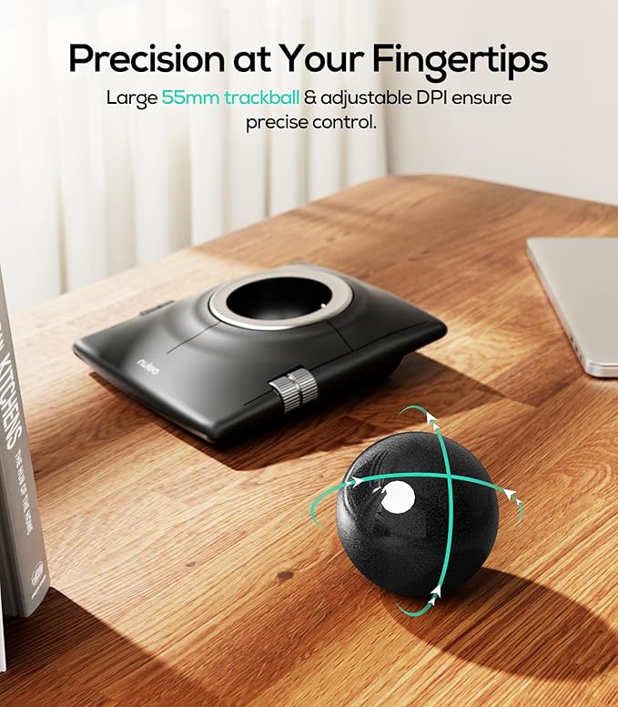 Nulea M512 Wireless Trackball Mouse, Ergonomic 55mm Trackball, Adjustable DPI for Precise Control, Left or Right Hand Compatible, Rechargeable, Multi-Device Bluetooth & 2.4GHz for PC, Laptop（Black）