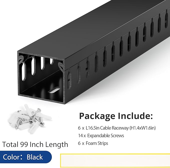 ZhiYo H1.4 W1.6 in Server Rack Cable Management Raceway, 99in (6X L16.5in) Cable Raceway Kit, Electrically Safe PVC Open Slot Wire Cord Hider for Under Desk/Computer/Network Cords, Black, H35 W40mm