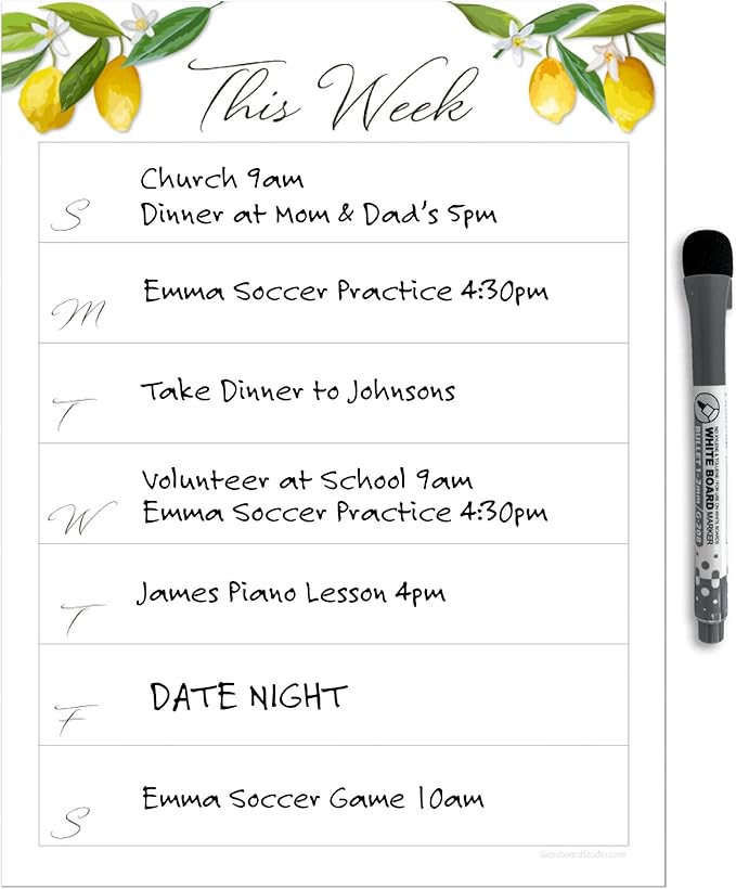 Dry Erase Weekly Calendar Planner Sticker Decal | Removable & Reusable | Magnetic Fine-Tip Marker Included (9 x 12 inches, Lemon Fresh)
