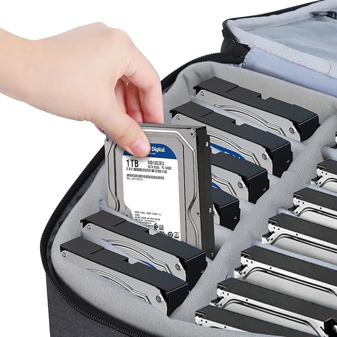 Hard Drive Case,14 -Bay Protective Storage Bag for 3.5" HDD, Large Capacity Storage Box with Lock,Portable External Hard Drive Carrying Case,Movable Grid and Shockproof(Bag only)