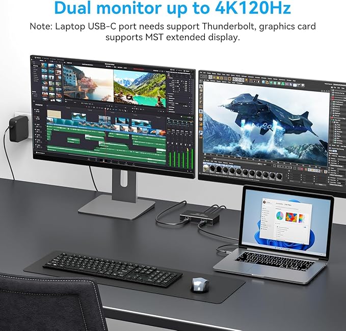 4K120Hz USB C Splitter Dual Monitor Adapter Thunderbolt Splitter 6-in-1 USB C Hub with DP Alt Mode Video Output, 10Gbps Data Transfer 100W PD Charging for Laptop Portable Monitor (Deep Black)