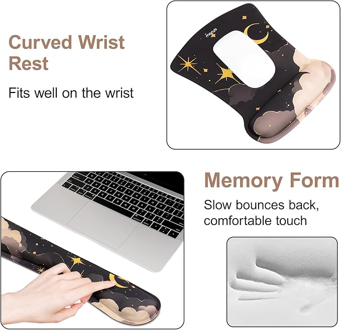 MOSISO Keyboard Mouse Pad Set, Large Gaming Mouse Pad&Keyboard Wrist Rest&Mouse Wrist Rest&Coaster, Ergonomic Non-Slip Dreamy Star Moon Mousepad with Raised Memory Foam for Home Office