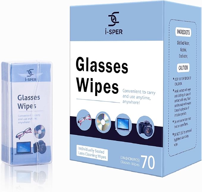 70 Count Lens Wipes for Eyeglasses, Pre-Moistened Individual Wrapped Glasses Wipes Lens Cleaner, with a Carrying Box, Defogging Screen Wipes for Sunglass, Goggles, Camera, Computer, Laptops Screens
