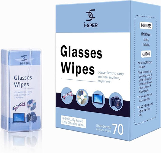 70 Count Lens Wipes for Eyeglasses, Pre-Moistened Individual Wrapped Glasses Wipes Lens Cleaner, with a Carrying Box, Defogging Screen Wipes for Sunglass, Goggles, Camera, Computer, Laptops Screens