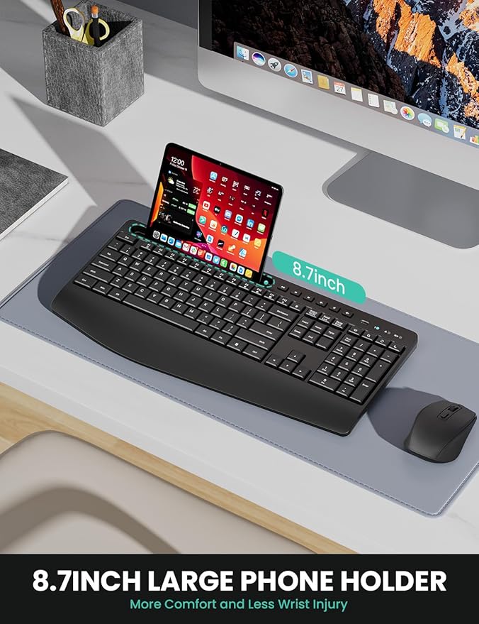 Ergonomic Wireless Keyboard and Mouse Combination, LIZRROT 2.4GHz Quiet Full Length Mouse and Keyboard, Wrist Stand, Phone Holder, Compatible with Windows, PC, Laptops