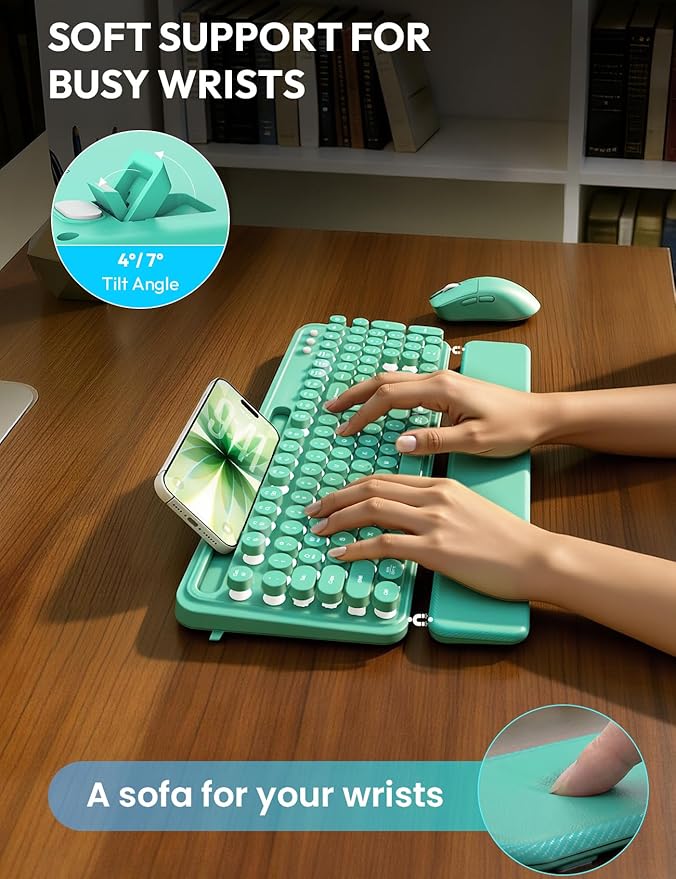 Wireless Keyboard and Mouse Combo - Backlit Typewriter Keyboard with Magnetic Wrist Rest & Phone Holder, Light Up Round Keycaps, 2.4GHz Cordless Set for Mac, Windows, PC, Laptop, SABLUTE