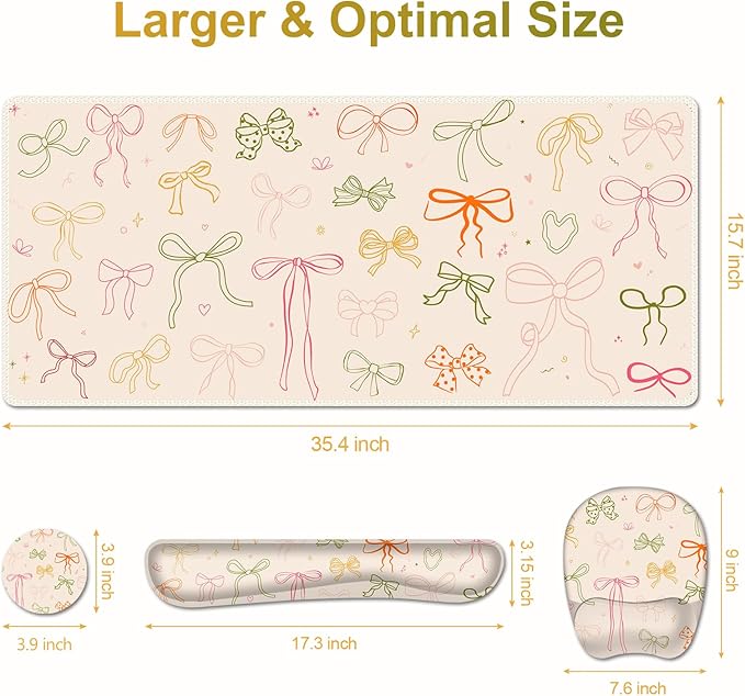 Apricot Mouse Pad with Wrist Support 4 in1 Set, XXL Big Game Mousepad + Keyboard Wrist Rest + Mouse Wrist Rest Pad +Coaster Gaming Mat for Home Office Work Computer I Colorful Cute Girl's Bow