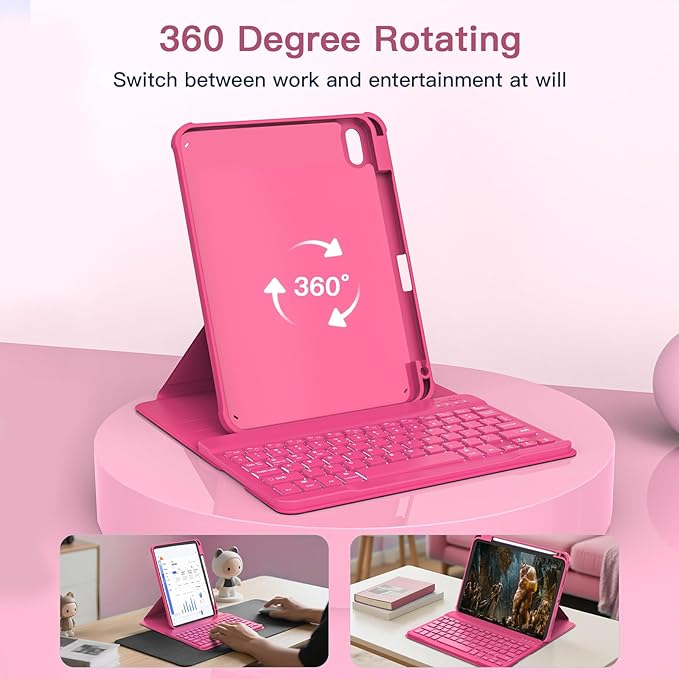 for iPad 11th(A16, 2025)/10th Generation Case with Keyboard, 360° Rotatable Case & Detachable Backlit Keyboard, Precision Cutouts and Pen Holder for iPad A16 11''/10th 10.9'', Hot Pink