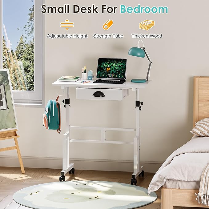 Small White Standing Computer Desk with Drawers,Height Adjustable Home Office Sit Stand Up Desk with 4 Wheels & 2 Hooks,Portable Rolling Work Study Gaming Table for Laptop Tablet Walking Pad Treadmill