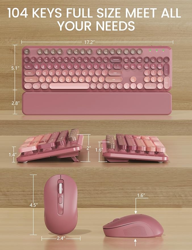 Wireless Keyboard and Mouse Combo, Typewriter Keyboard with Detachable Wrist Rest, Full-Size Retro Round Keycaps, Smart-Sleep, 2.4GHz Stable Connection for Mac/Windows/PC, Trueque(Ombre Dusty Rose)