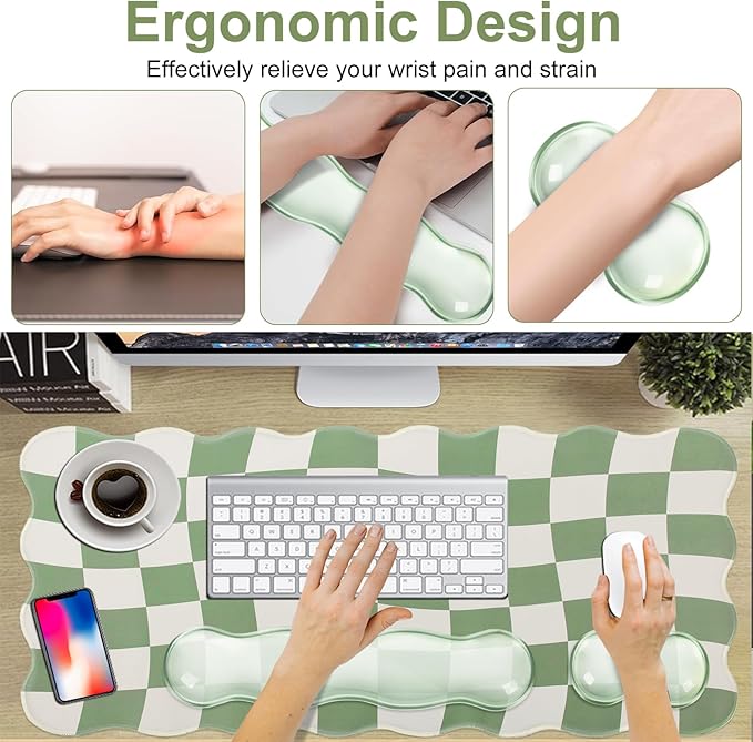 L-SPOUTTO Green Checkered Mouse Pad Set,Scalloped XXL Desk Mat + Ergonomic Mouse Wrist Rest + Gel Keyboard Wrist Rest for Keyboard 65%/75%,3in1 Large Desk Pad for Desktop Home Office Computer Game
